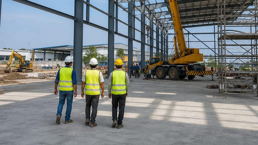 Project team in hard hats and safety vests walking through a warehouse construction site